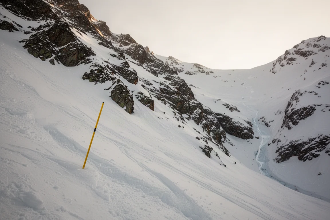 Yellow-marked freeride route descending steep ungroomed big mountain terrain