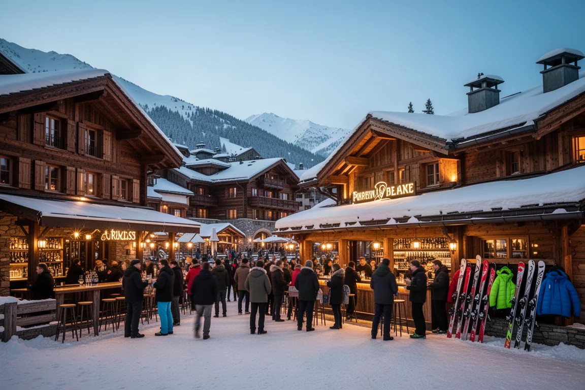 Alpine resort town at dusk with ski bars and après-ski atmosphere