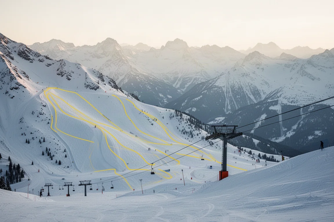 Panoramic alpine view of the Verbier 4 Vallées ski region with steep freeride faces