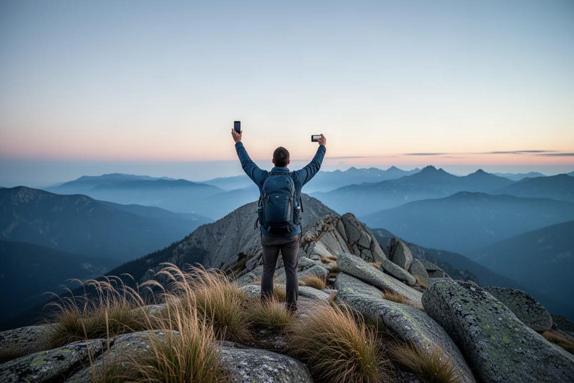 Hiker on a granite ridgeline at dusk holding a phone toward an open sky