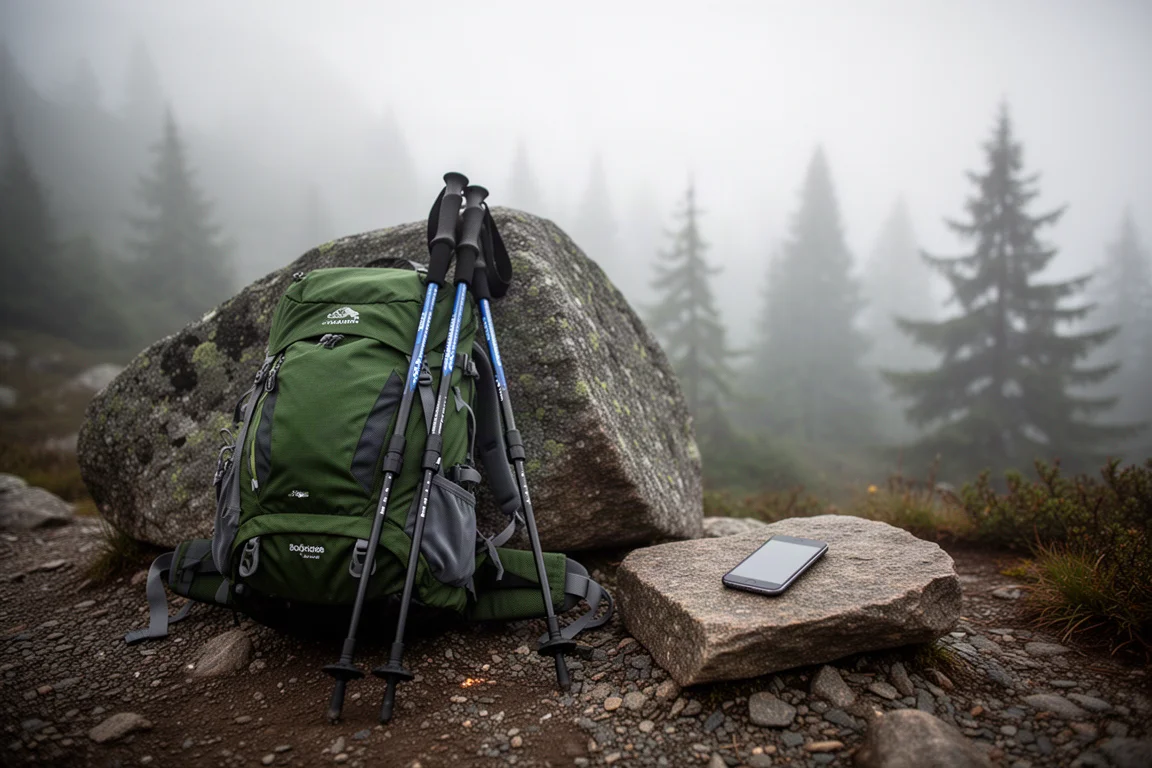 Backpack and trekking poles on an alpine trail with a phone on a flat rock