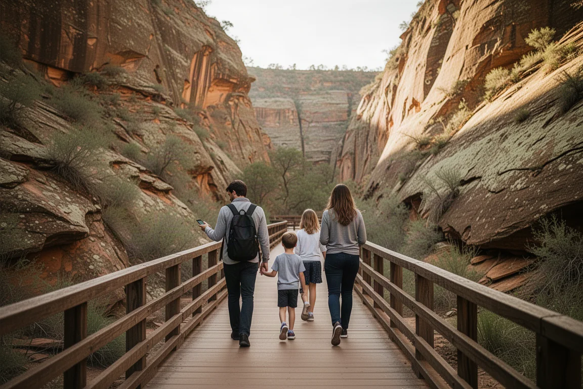 Family walking a national park boardwalk with canyon walls on both sides