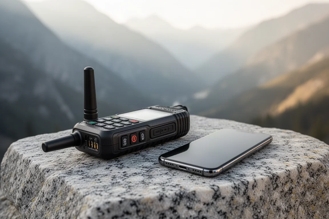 Rugged satellite communicator and smartphone on a granite slab above a valley