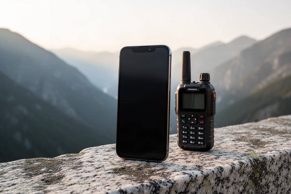 Smartphone e communicator satellitare rugged su una sporgenza di granito sopra una valle montana