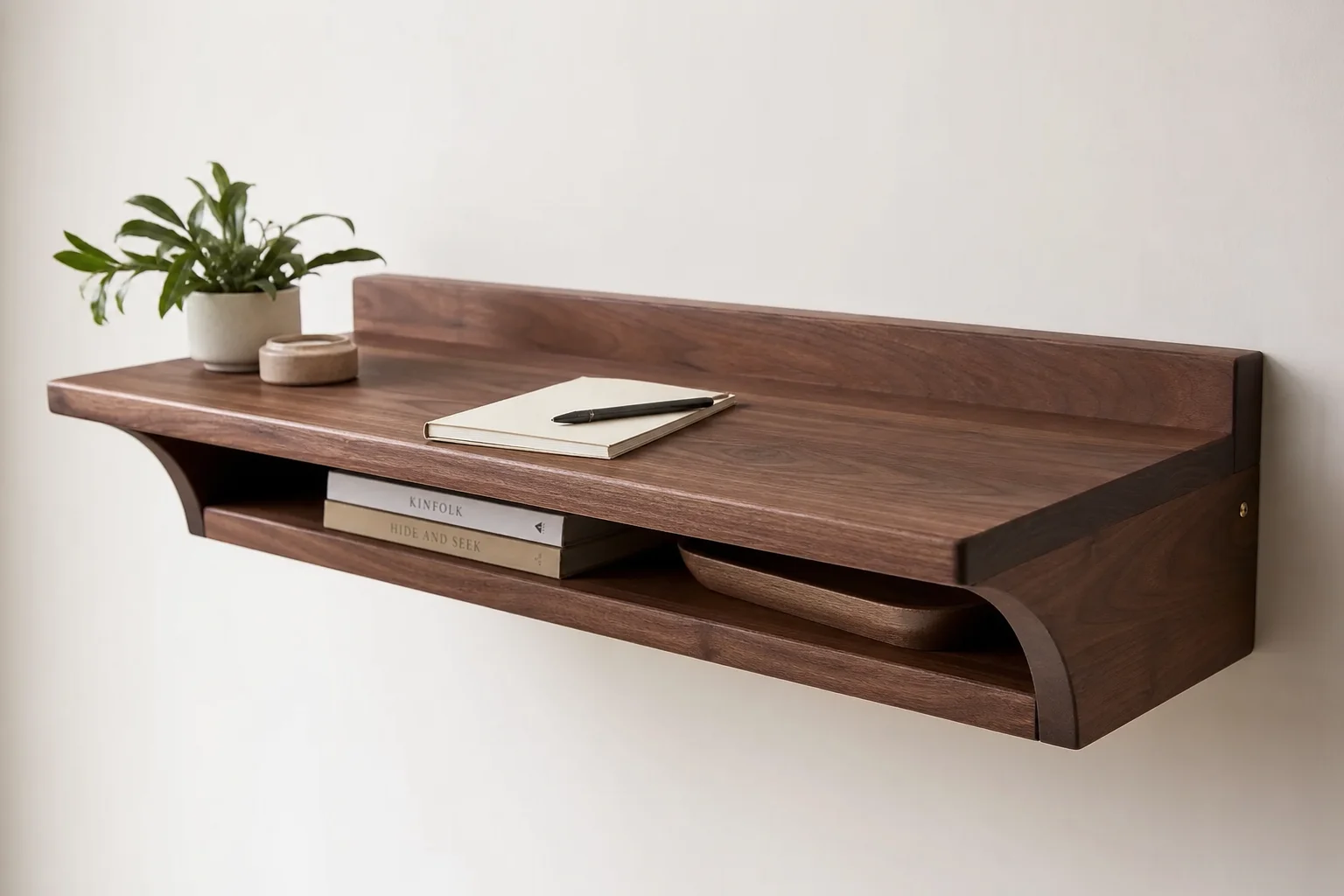 Complete modern desk setup with walnut desk, monitor, chair, speakers, and accessories