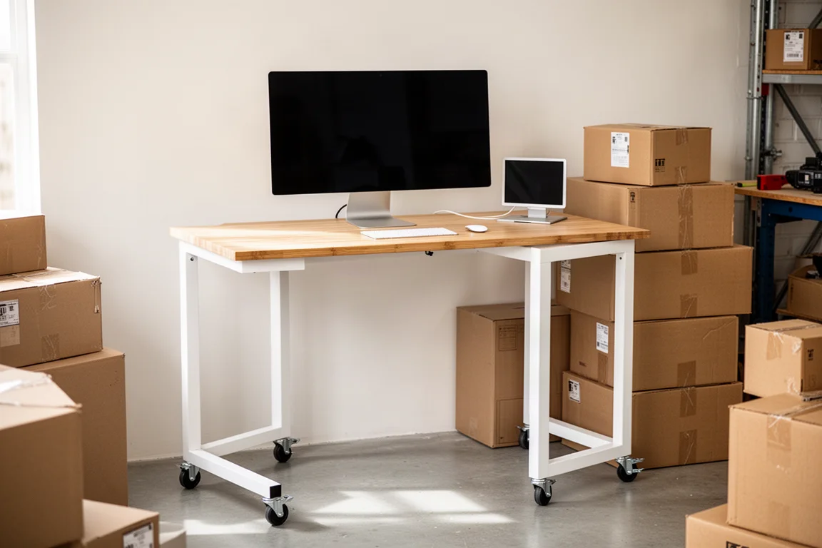 Sta-bureau in een lichte werkplaats, gebruikt voor verpakken en verzenden
