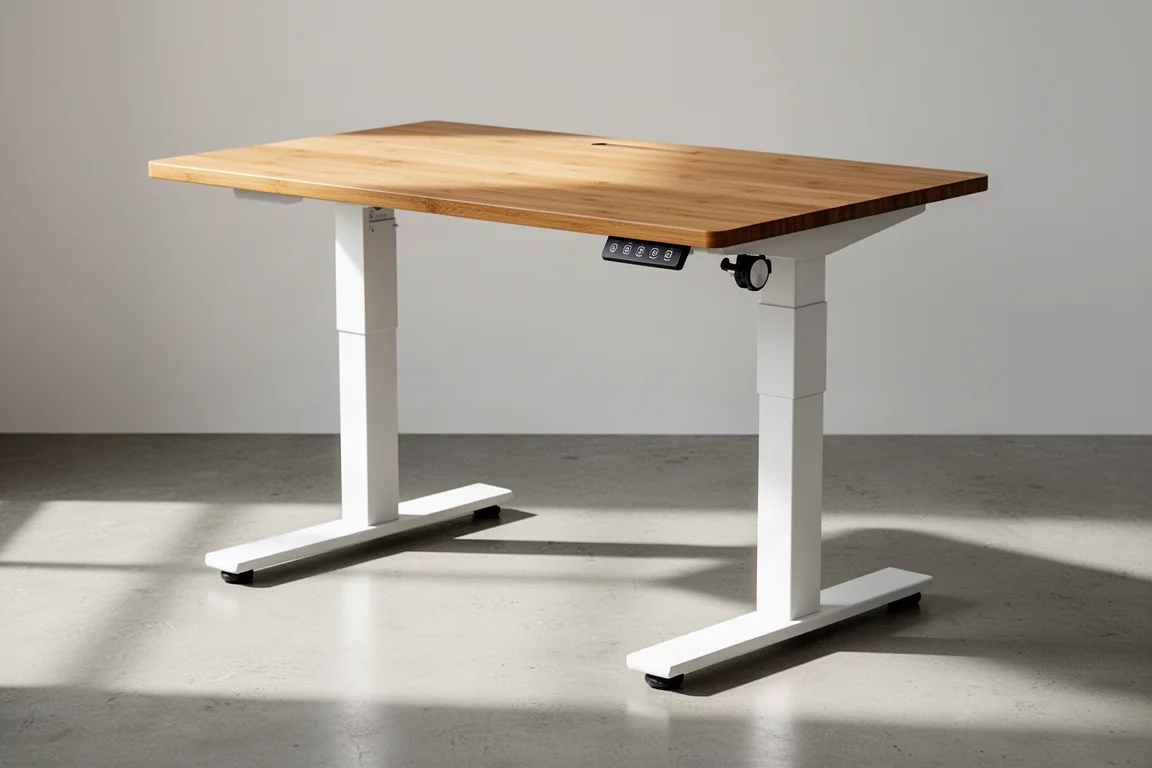 White-framed standing desk with bamboo top in a bright minimal workspace