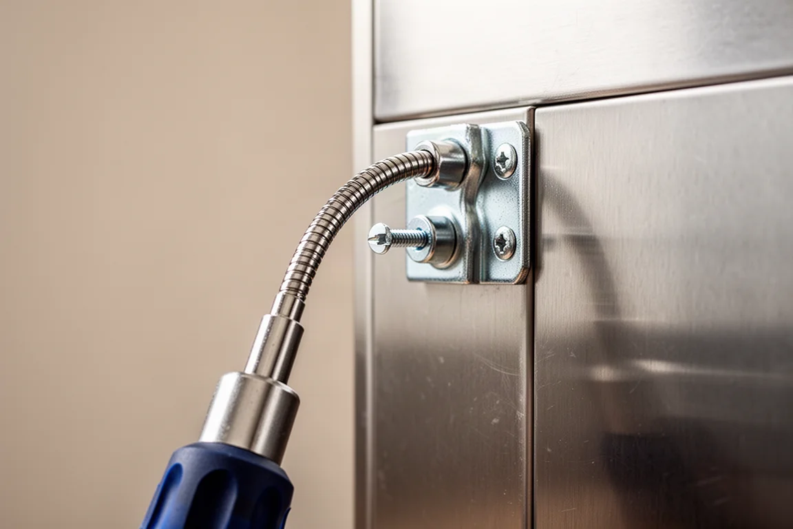 Chave de fenda alcançando um fixador embutido atrás de um obstáculo em um painel de metal