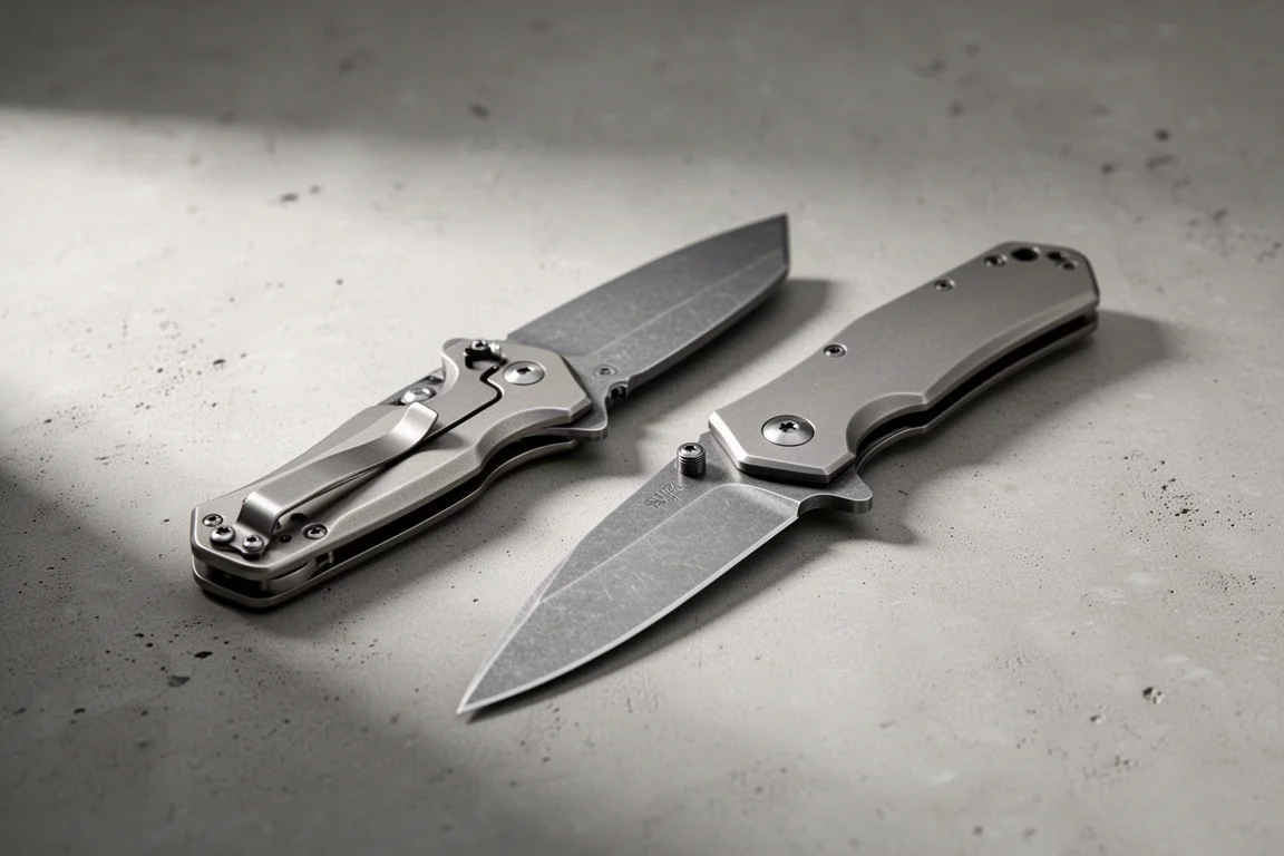 Two titanium folding knives side by side on a concrete surface