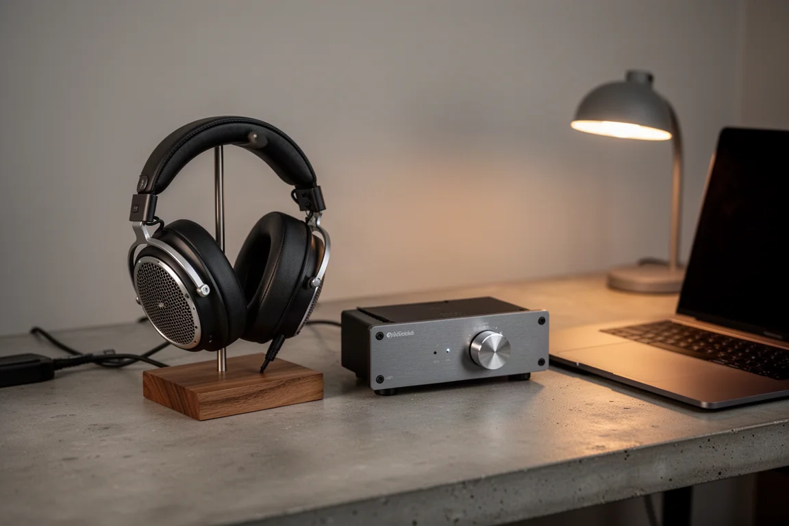 Open-back hoofdtelefoons op een houten standaard naast een hoofdtelefoonversterker op een bureau bij schemering