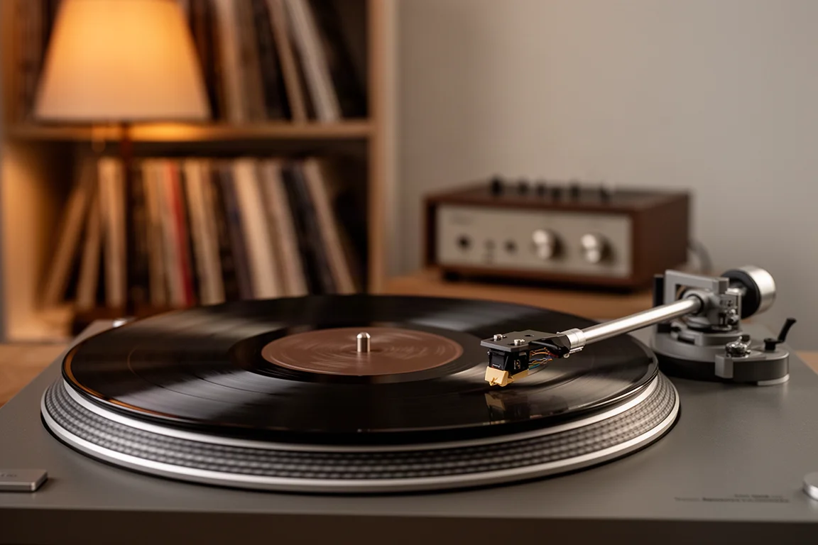 Draaitafel die een vinylplaat afspeelt in een warm verlichte luisterkamer met platenrekken op de achtergrond