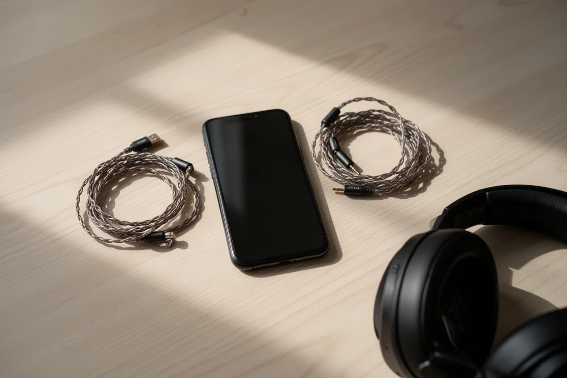 Smartphone naast een losjes opgerolde gevlochten hoofdtelefoonkabel op een licht houten tafel