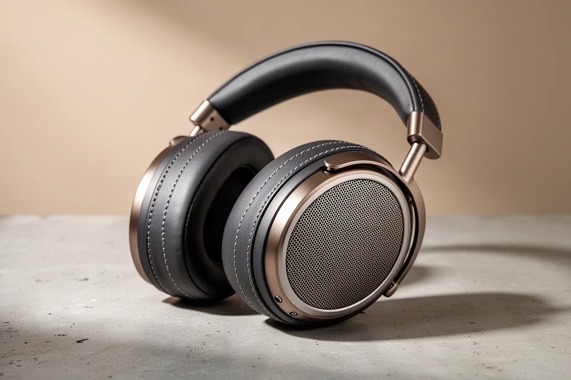 Open-back planar magnetic over-ear headphones with steel headband on a concrete surface