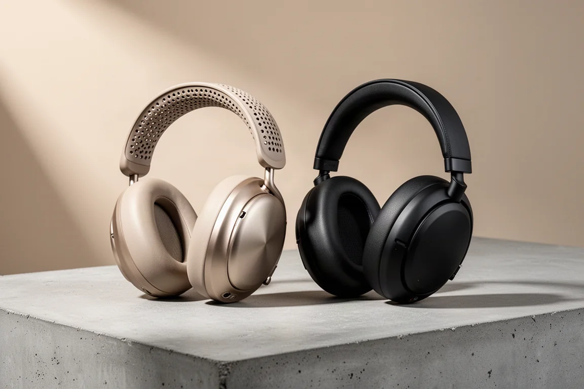 Two full-size planar magnetic headphones side by side on a matte concrete surface