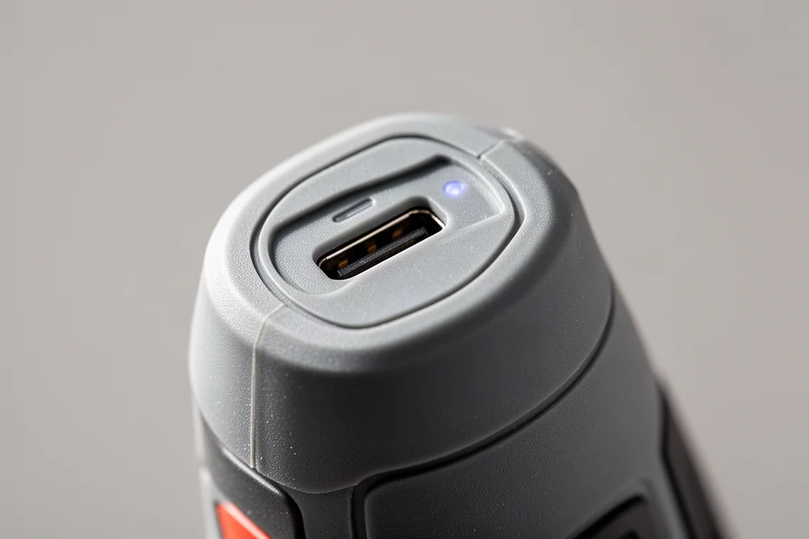 Oberseite eines Schraubers mit USB-C-Ladeanschluss und Ladeanzeige
