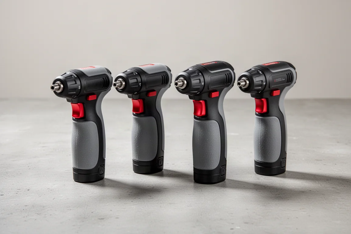 Four Vessel Ball Grip electric screwdrivers lined up on a grey concrete surface