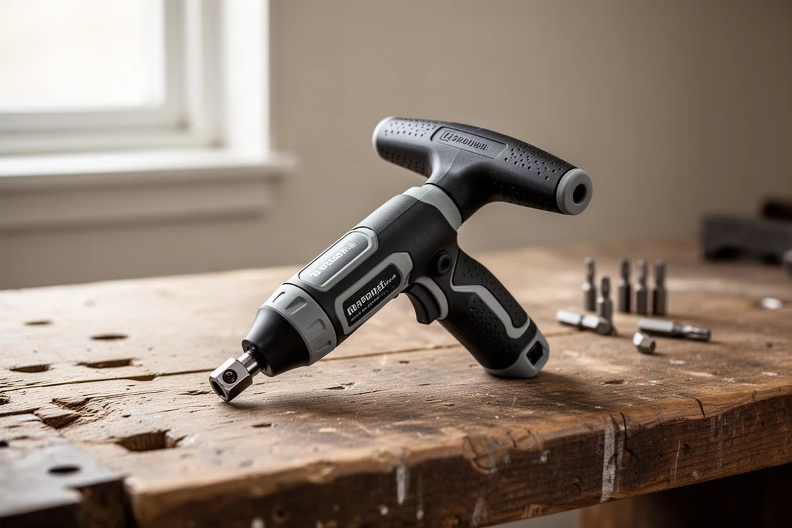 Two-way power driver in T-handle configuration resting on a wooden workbench
