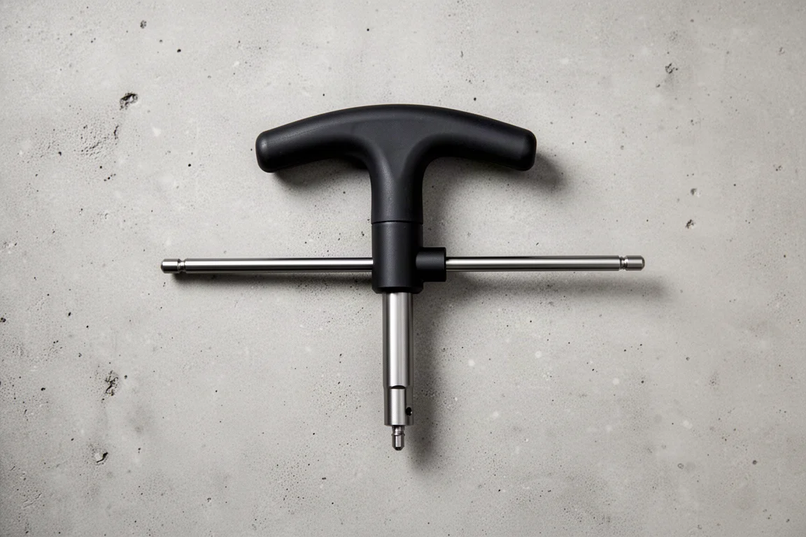 A hand-length T-handle driver casting a soft shadow on a concrete surface