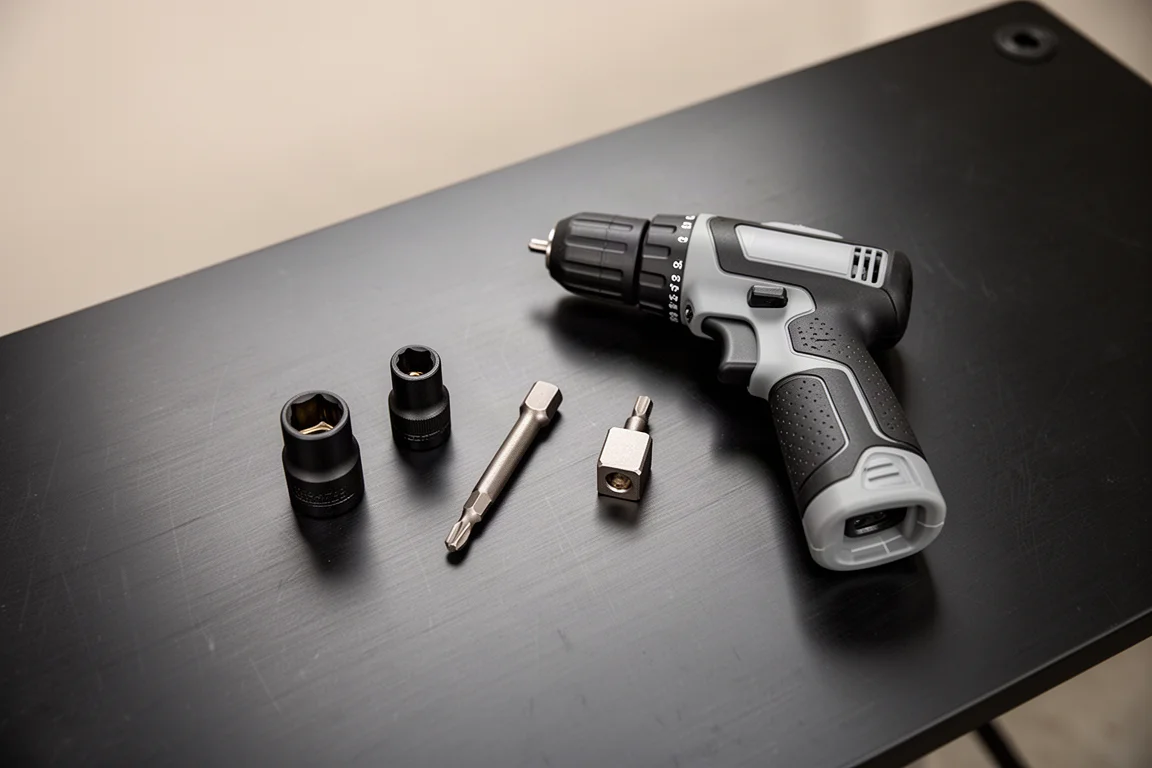 Socket and hex accessories arranged beside a power driver on a dark desk