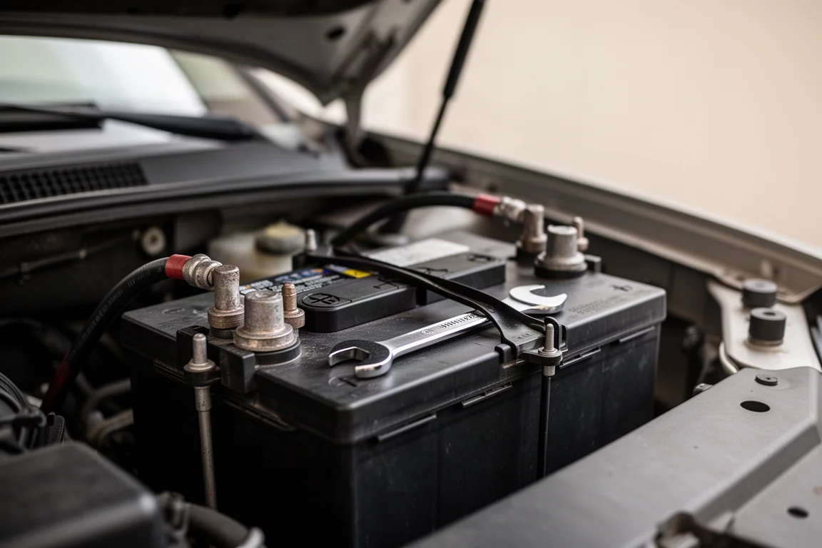Car battery terminals with a small wrench resting on the battery top