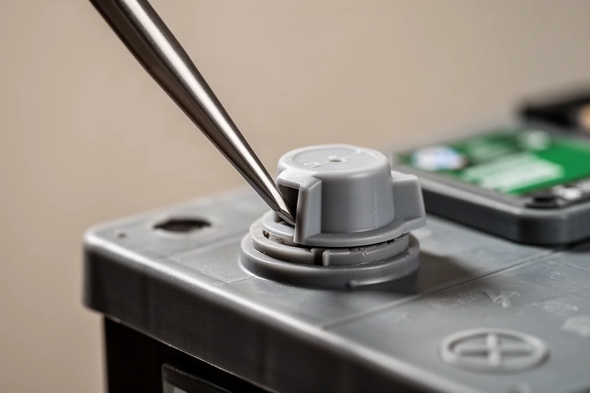 Close-up of a tapered flat tool tip being used to lift a battery cell cover