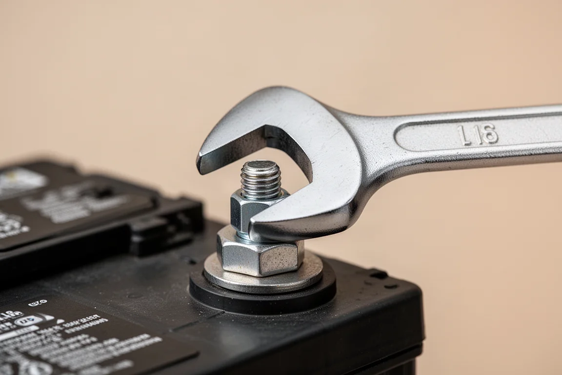 Small low-profile wrench fitting snugly over a battery terminal nut