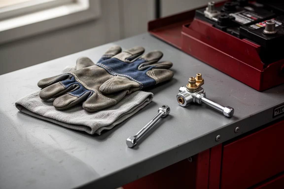 Car battery service scene with a cloth, gloves and a compact tool on a workbench