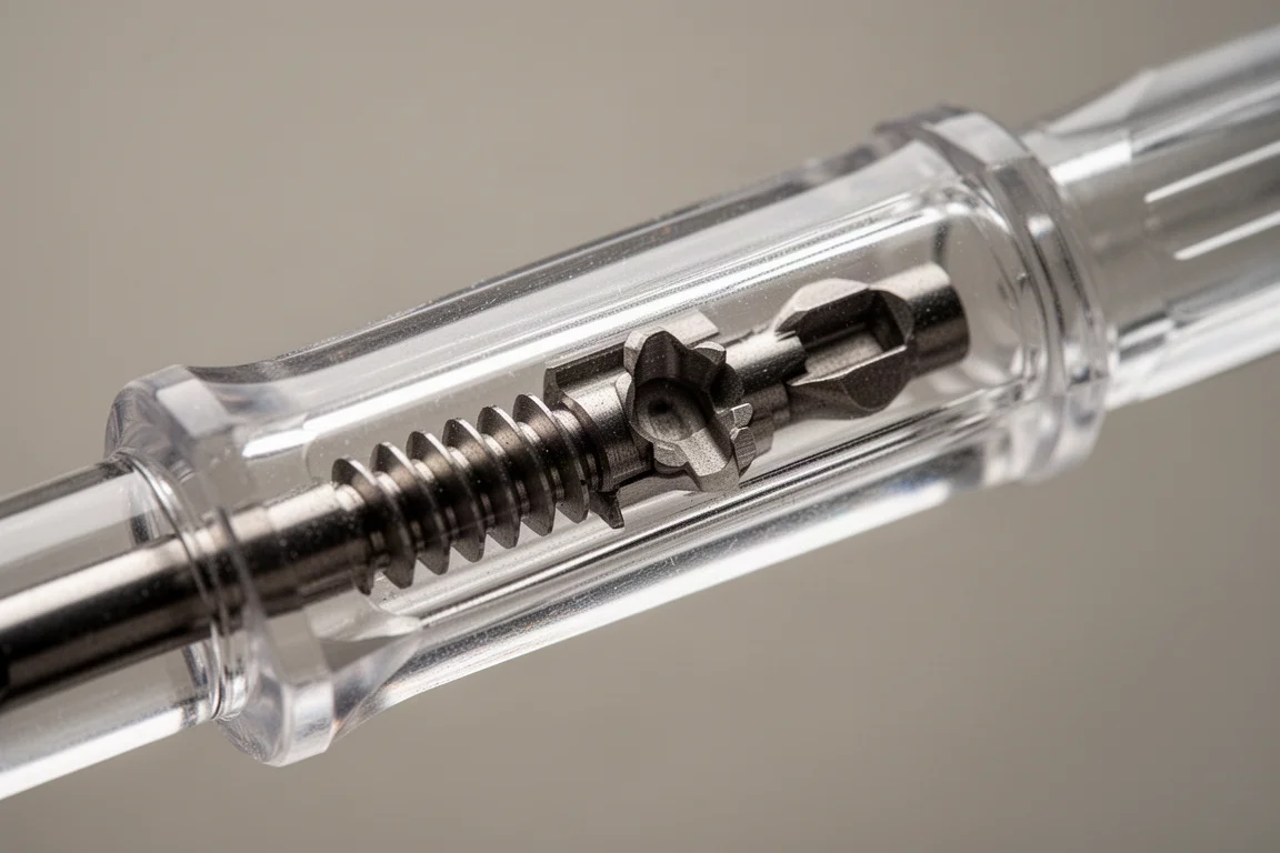 Close-up of a transparent screwdriver handle showing internal ratchet gears