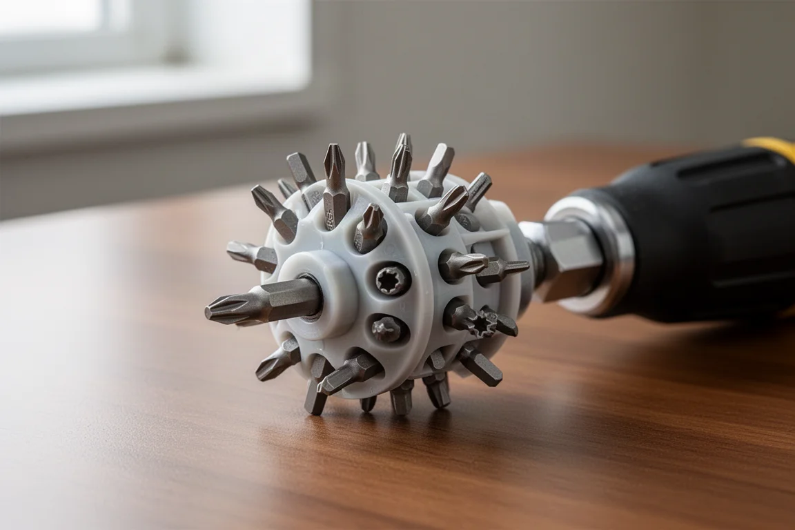 Rotating bit carousel loaded with assorted screwdriver bits