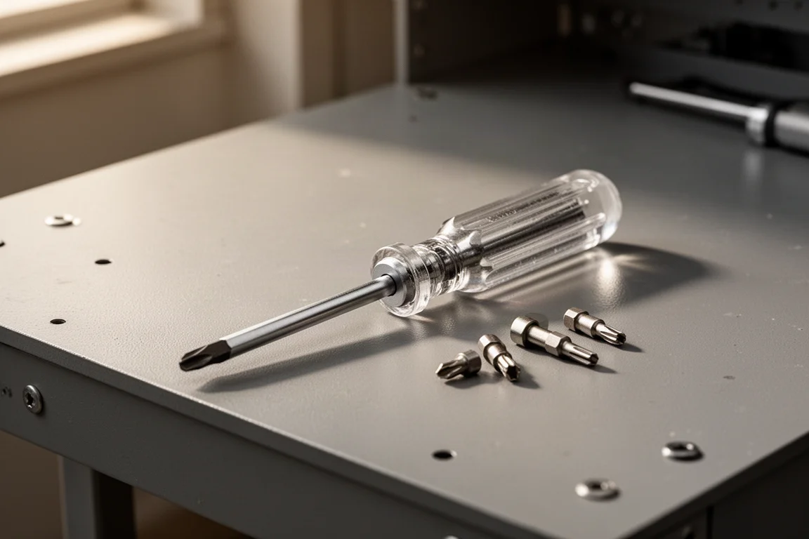 Clear-handled screwdriver resting on a tidy workshop bench