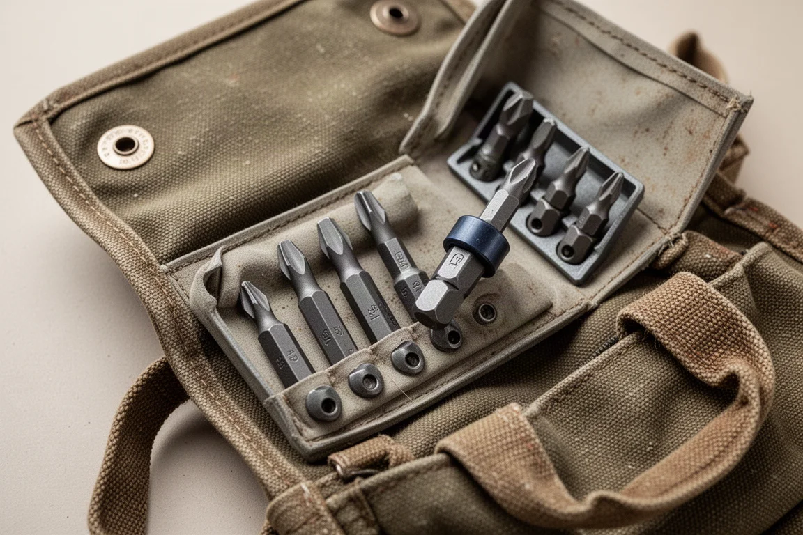 Ring bleibt am Bit in einem Bit-Halter einer Werkzeugtasche stecken