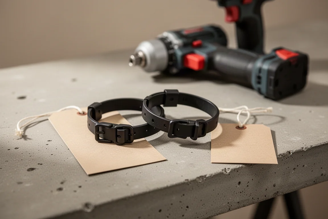 Zwei kleine Magnetringe und ein Papieranhänger auf einer Werkbank