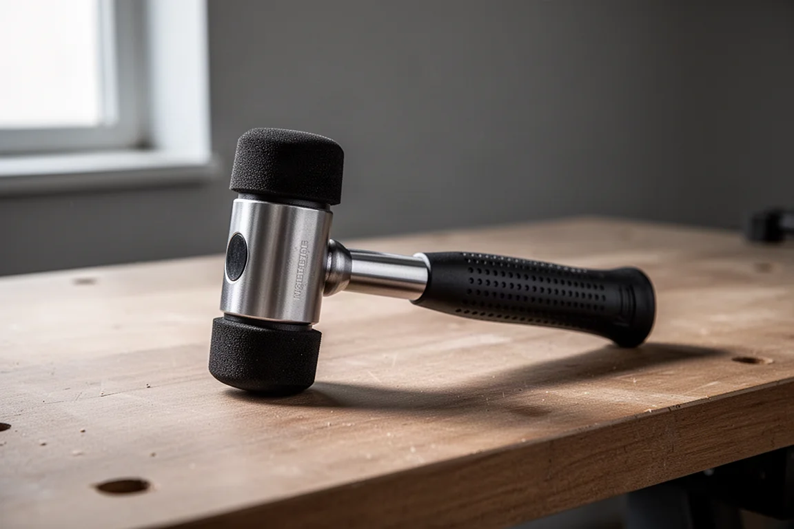 Vessel No. 1 gel grip soft blow hammer on a wooden workbench