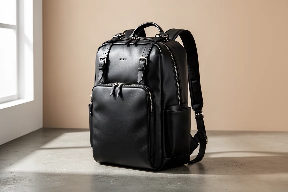 All-black 20-liter synthetic leather backpack on a concrete surface