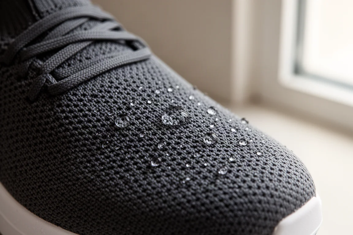 Zbliżenie na wodoodporną dzianinową tkaninę sneakerka z kropelkami wody na powierzchni