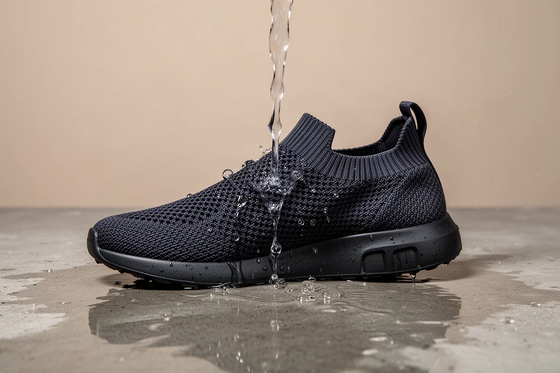 Woda lejąca się na sneakerka w celu demonstracji wodoodporności