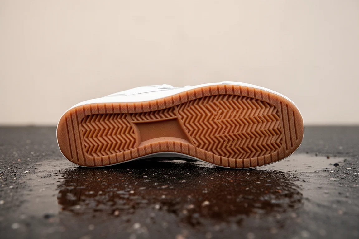 Bieżnik podeszwy sneakerka z widoczną przyczepnością na mokrej nawierzchni