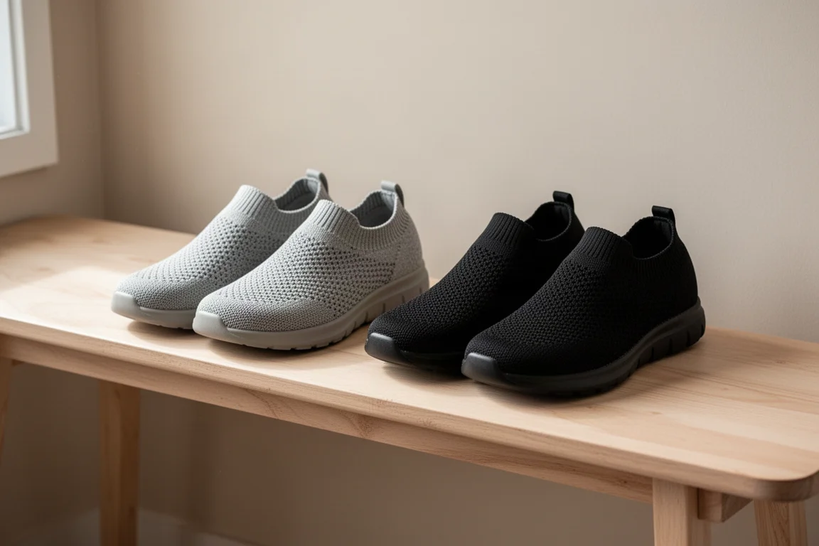 Dwie pary dzianinowych sneakerków w szarym i czarnym kolorze obok siebie na ławce