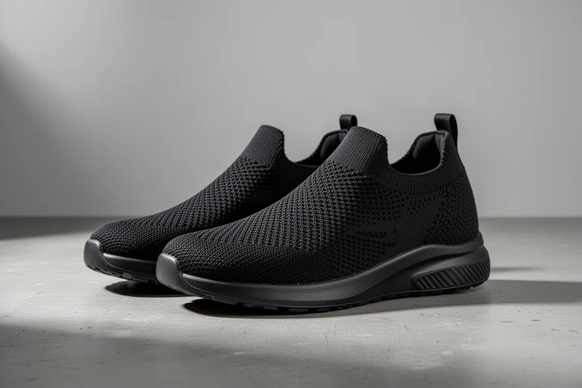 Black knitted waterproof sneakers on a concrete surface in studio light