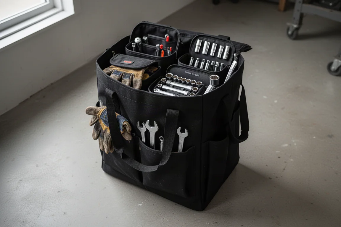 Large open cargo tote filled with assorted tool bags, gloves, and a socket set