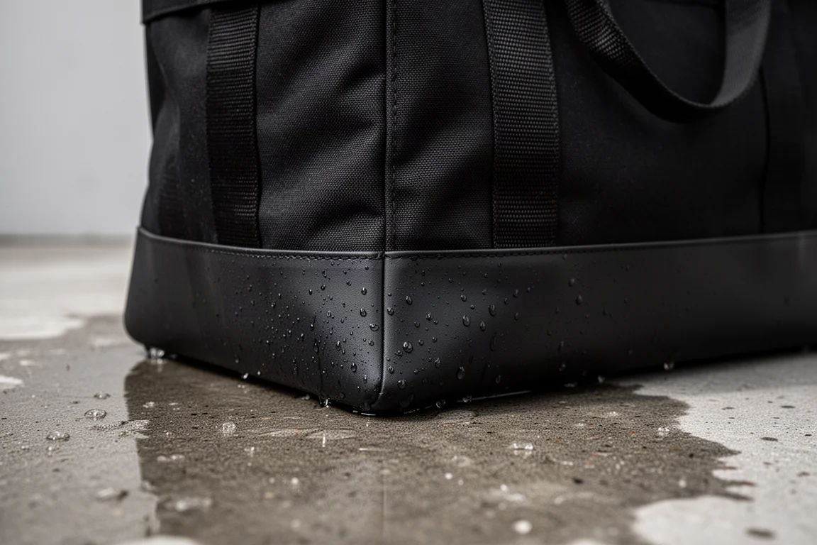 Close-up of the thick watertight molded base of a heavy-duty tool tote