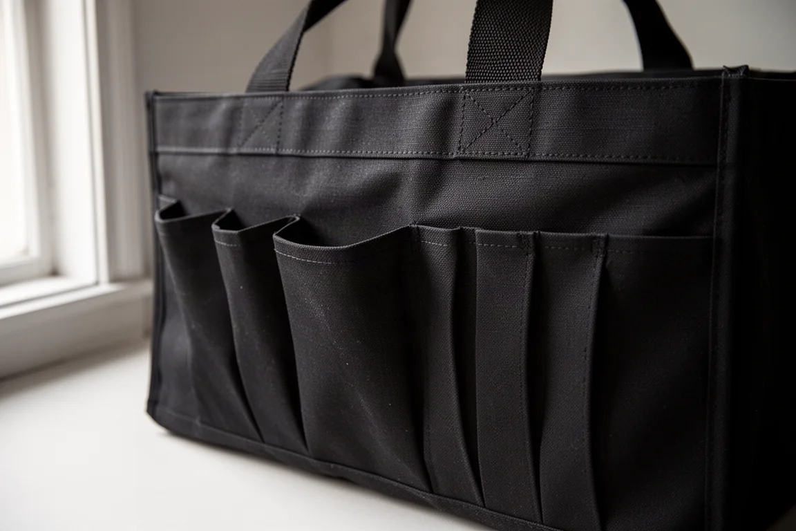 Simple row of exterior pockets and slots on the side of a large tool tote