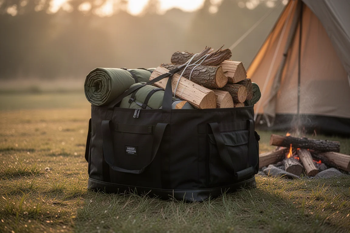 Cargo tote loaded with camping gear and firewood set down on the ground outdoors