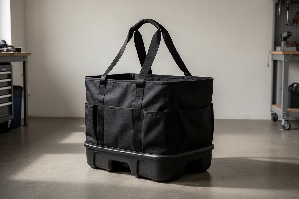 Extra-large black heavy-duty cargo tote with tall handles on a concrete workshop floor