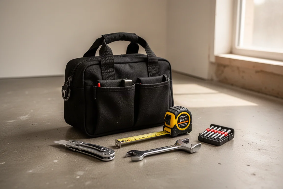 Compact black tool bag standing on a workshop floor beside a few hand tools