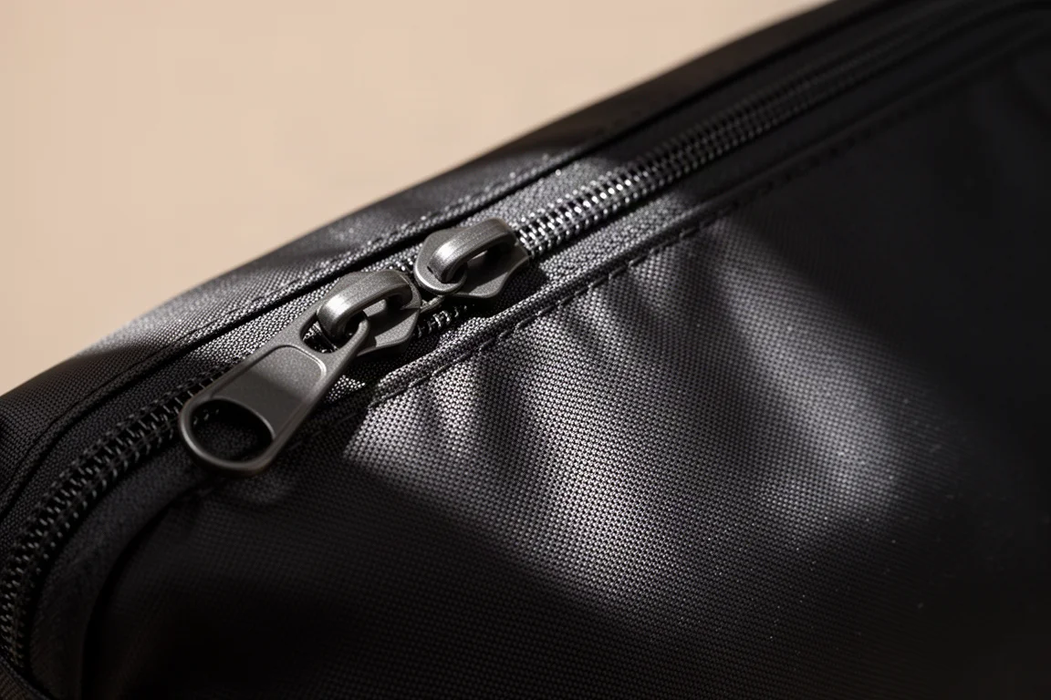 Close-up of a smooth nylon bag exterior with a heavy-duty zipper