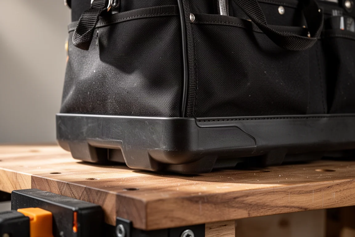 Tool bag base with molded hard bottom resting on a workbench