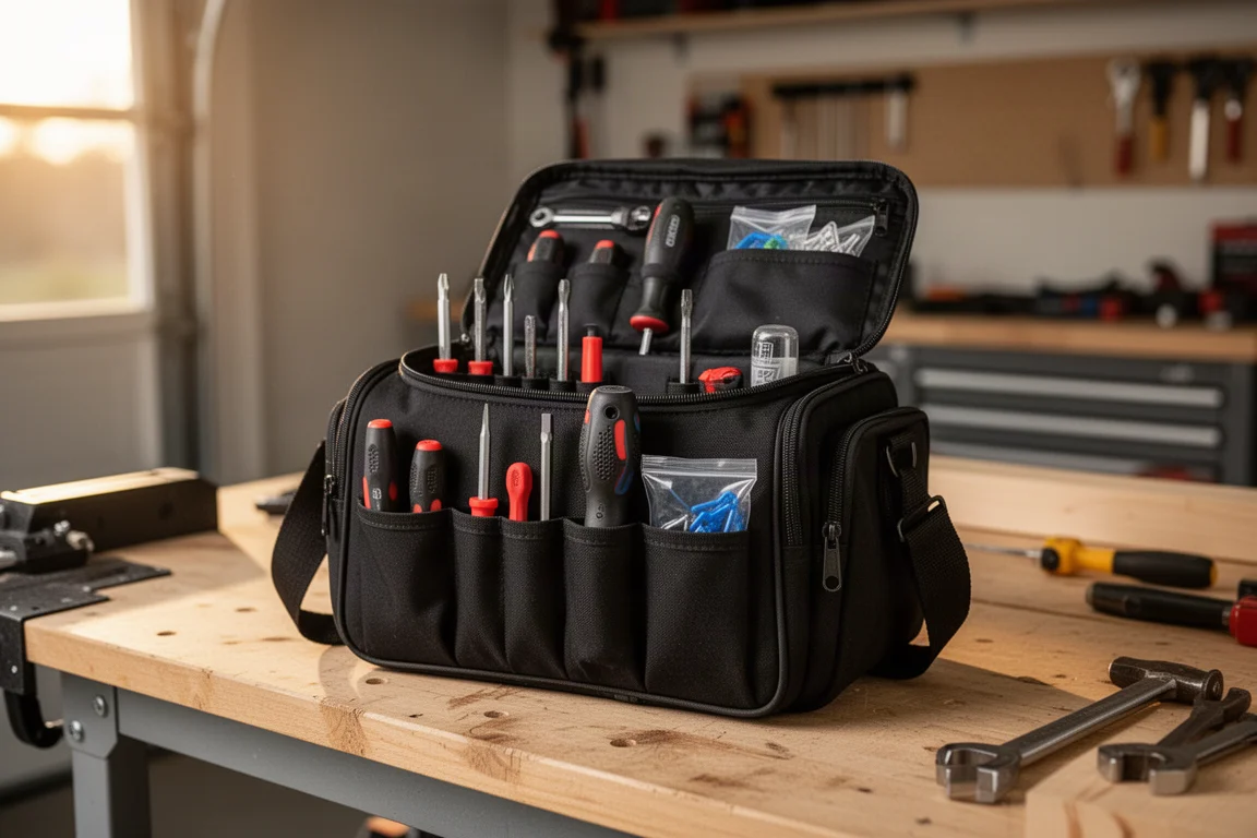 Compact tool bag loaded with organized tools on a workbench in warm light