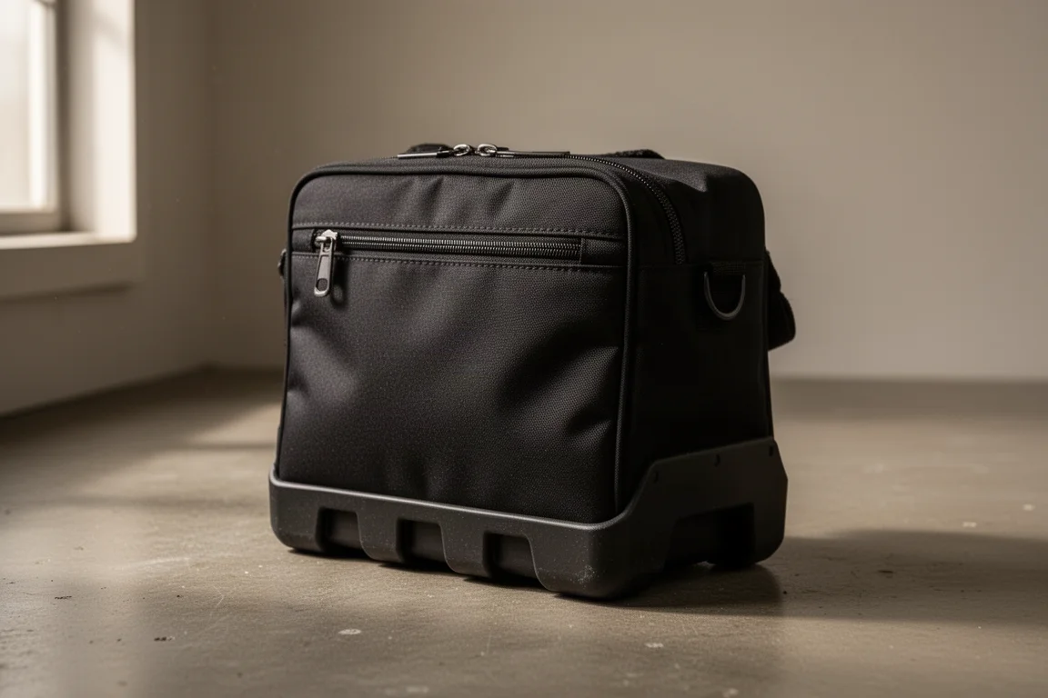 緊湊的黑色 Veto Pro Pac MC 工具包豎立在混凝土工作間地板上