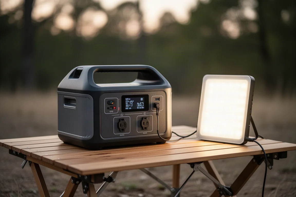 Central eléctrica portátil sobre una mesa de camping alimentando una luz de estudio